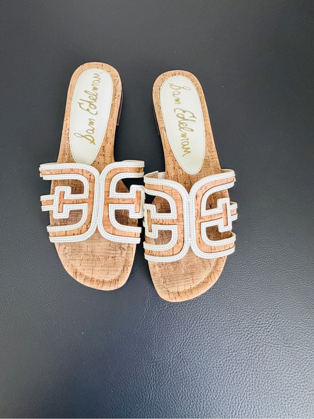 Sam Edelman White and Tan Cork Slide Sandals with Geometric Strap